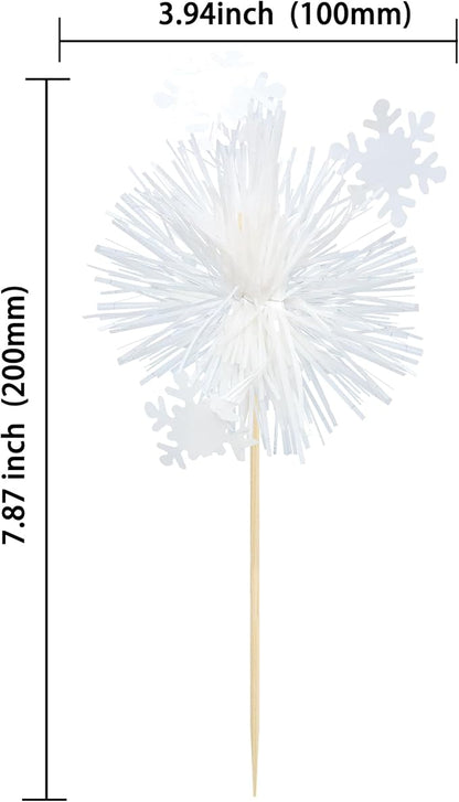 Gyufise 20Pcs Foil Firework Cupcake Toppers Sparkle Tinsel Cake Toppers Tinsel Drink Cake Decoration Cocktail Picks for Birthday Wedding Graduation Party Supplies White