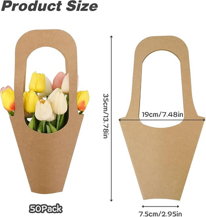 Jeqqinuz 50 PCS Flower Bags for Bouquets, Kraft Paper Gift Bags with Handle, Floral Wrapping Paper for Bouquet Packaging, Wedding Graduation Party Favors, Brown Cone Sleeves Home Decoration