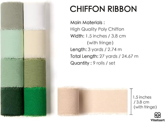 Vitalizart 9 Rolls 1.5" Green & White Chiffon Silk Ribbon Handmade Fringe Total 27 Yd Frayed Edges Ribbons for Wedding Invitations Crafts Holiday Decor Bridal Bouquets Gifts Wrapping