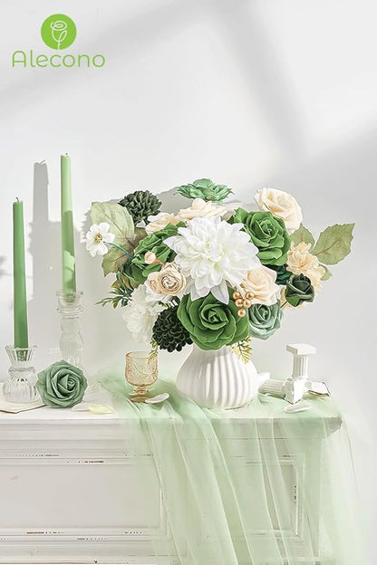 Alecono Artificial Flowers, Silk Fake Green Flowers Combo Box for DIY Cake Wedding Decorations, Faux Flowers for Table Centerpieces Baby Shower Party Home Decor