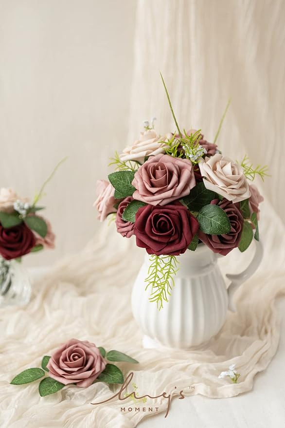 Ling's moment Artificial Flowers, 25Pcs 3" Roses in Burgundy Mauve Shades, Realistic DIY Foam Floral Fill for Wedding Bouquets/Centerpieces, Outdoor Party Backdrops, Room/Table, and Pot Decorations
