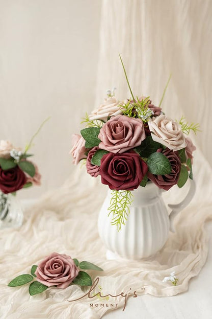 Ling's moment Artificial Flowers, 25Pcs 3" Roses in Burgundy Mauve Shades, Realistic DIY Foam Floral Fill for Wedding Bouquets/Centerpieces, Outdoor Party Backdrops, Room/Table, and Pot Decorations