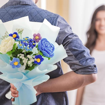 Handmade Crochet Rose Flower Bouquet: Artificial Knitted Rose Gift for Wife Mother Girlfriend for Festival Wedding Graduation Anniversary (Blue)