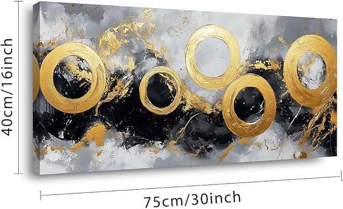IDAFU Black Gold Abstract Canvas Wall Art Golden Circular Design Wall Décor,Modern Minimalist Black Gold Pictures Ready for for Living Room, Bedroom, Hallway Office Wall Decor 30L x 16W