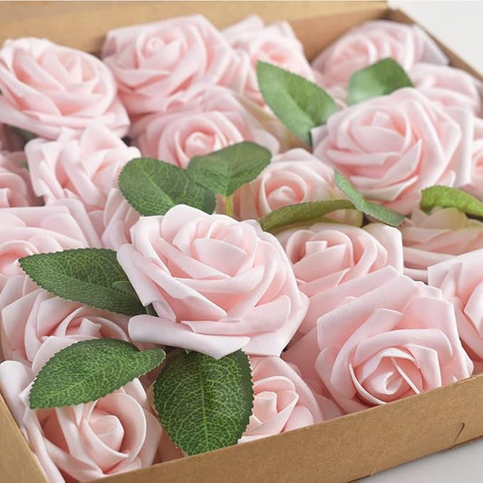 homEdge Artificial Rose, 25pcs Foam Artificial Flowers with Stem for Home Decorations, Wedding Bouquets, Party, Certerpieces, Anniversaries-Champagne Pink