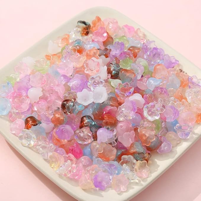 LadayPoa 350pcs Glass Bellflower Beads for Jewelry Making Trumpet Flower Beads Gradient Clear Cute Bead for Bracelets Making Aesthetic Bead Charms for DIY Necklace Decoration-Blue Series