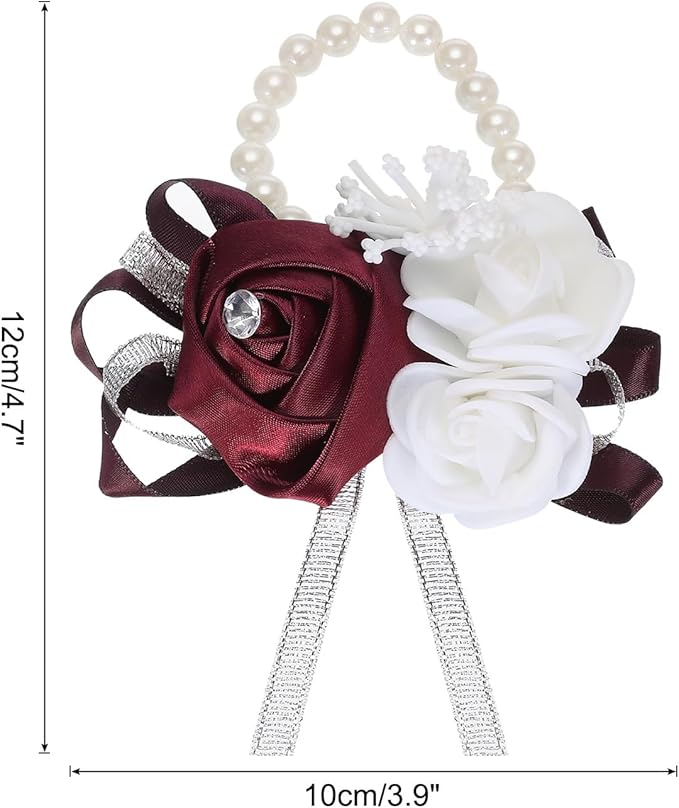 MECCANIXITY Wrist Corsage Artificial Flower Bracelets Rose Wrist Bride Groom Decorative for Wedding Ceremony Prom Party Anniversary Wine Red