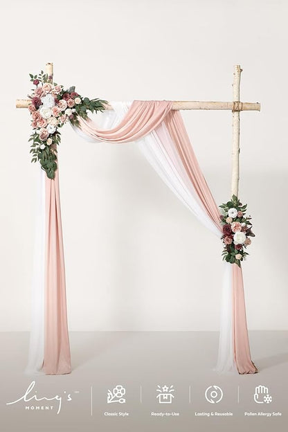 Ling's moment Pink Mauve Artificial Wedding Arch Flowers Kit Pack of 4, 2pcs Hanging Flower Arrangement 2pcs Chiffon Drapes Spring Ceremony Reception Fake Rose Arbor Backdrop Floral Outdoor Decor