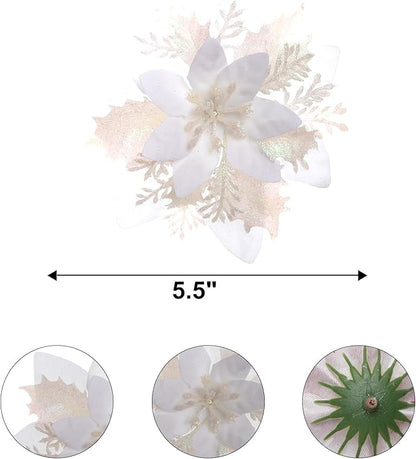 Zhuqing 15Pcs Christmas Poinsettia Artificial Flowers Decorations, Glitter Poinsettia Christmas Tree Ornaments, Black Tree Flowers for Xmas/Wedding/Holiday/Wreath/Garland Decor, with Cilps, 5.5 Inch