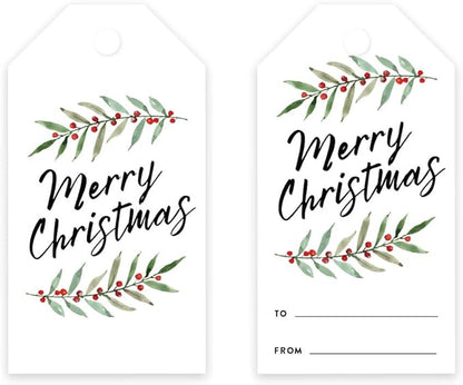 Andaz Press Christmas Holiday Season Classic Gift Tags, Merry Christmas to from Classic Favor Tags, Watercolor Holly Leaves Design, for Holiday Events, Parties, and Favors, 60-Pack