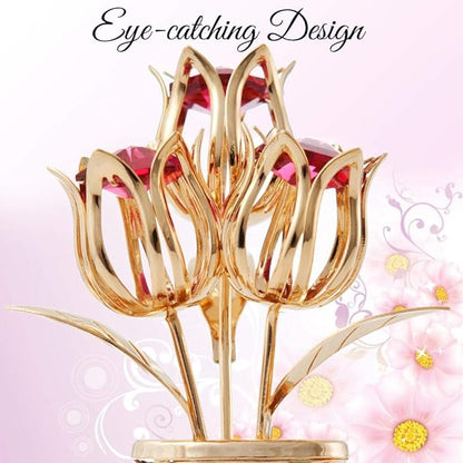 Matashi 24K Gold Plated Crystal Studded Flower Ornament in Vase with Decorative Dragonfly - Elegant Tabletop Ornament - Perfect Valentine's Day Gift for Her, Wife, Mom, Birthday, Home or Office Décor