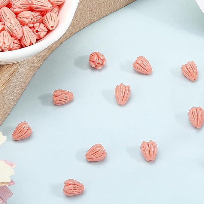 1 Box 100Pcs Carved Coral Beads 8mm Flower Beads 3D Pink Jasmine Artificial Floral Dyed Synthetic Coral Small Smooth Loose Spacers Findings for Jewelry Making Bracelets Necklaces DIY Crafts