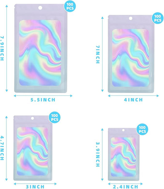 400 Pack 4 Size Bags with Clear Window,Scratch Resistant Hand Holographic Packaging Pouch,Resealable Bag for Small Bussiness Cookies Jewelry Candy Sample (Pink Blue, 2.4×3.9,3x4.7,4×7,5.5×7.9 inch)