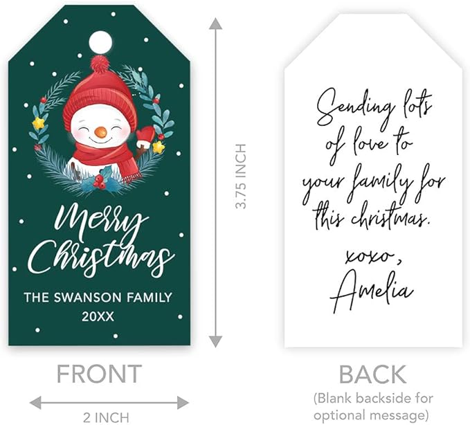 Andaz Press Personalized Classic Gift Tags - Merry Christmas Snowman with Wreath Design, Custom Family Name and Year, 60-Pack