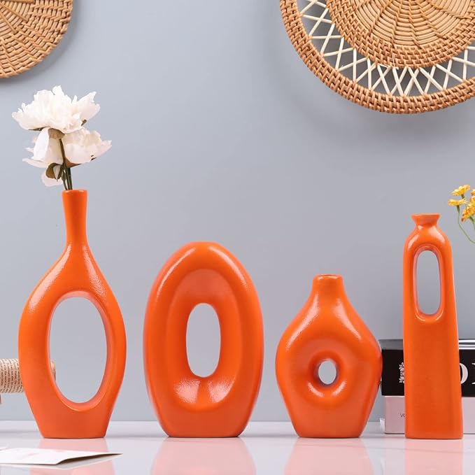 Orange Ceramic Vase Set of 4 - Round Hollow Boho Vases for Pampas Grass and Flowers Decor, Modern Minimalist Small Vases for Living Room, Bedroom, Fireplace, Coffee Table Decor and Centerpieces