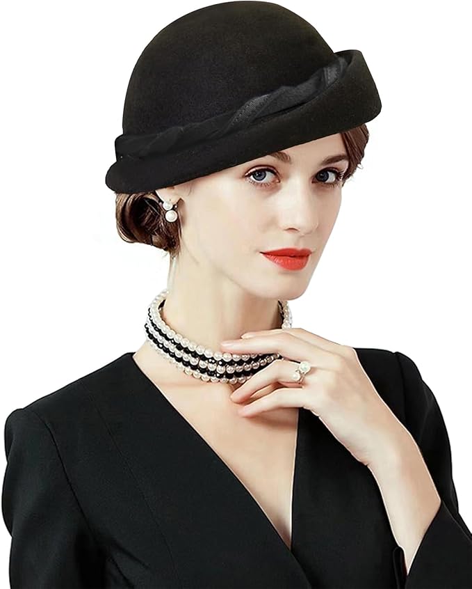 ORIDOOR Women Vintage 100% Wool Felt Flowers Bucket Cloche Bowler Hat Church Wedding Beret Hat