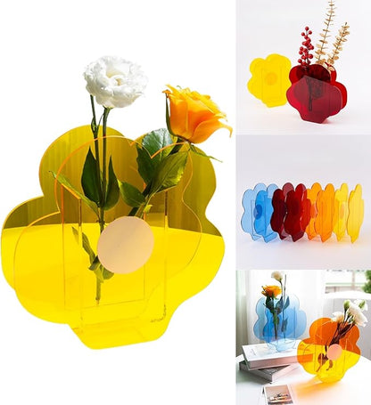 Acrylic Flower-Shaped Vase in Lemon Yellow, Bright Modern Centerpiece for Home Decor, Living Room, or Wedding Display (Flower Style)