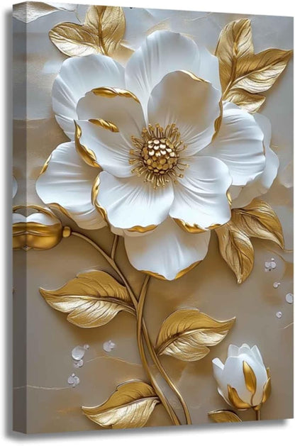 ZSHARTSWD Abstract White & Gold Floral Canvas Wall Art Elegant Flowers Pictures Prints White Flower Golden Leaves Painting Living Room Bathroom Decor Framed (Beige, 18L x 12W)