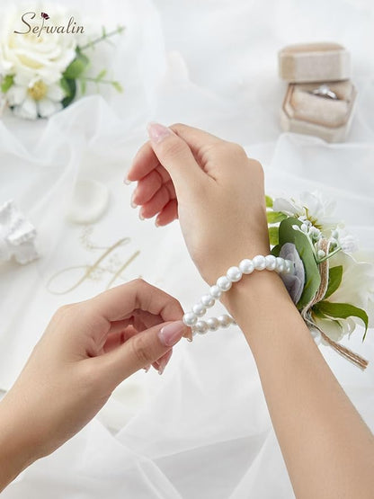 Serwalin 6 PCS Ivory Rose Wrist Corsages for Wedding, Corsages for Prom Homecoming Party Corsage Hand Decor for Bride Bridesmaids, Mother of Bride and Groom