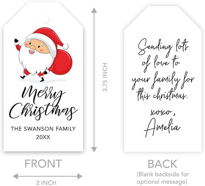 Andaz Press Personalized Christmas Holiday Season Classic Gift Tags, Merry Christmas Santa Claus with Christmas Sack Design, Custom Family Name and Year, Holiday Events, Parties, and Favors, 60-Pack