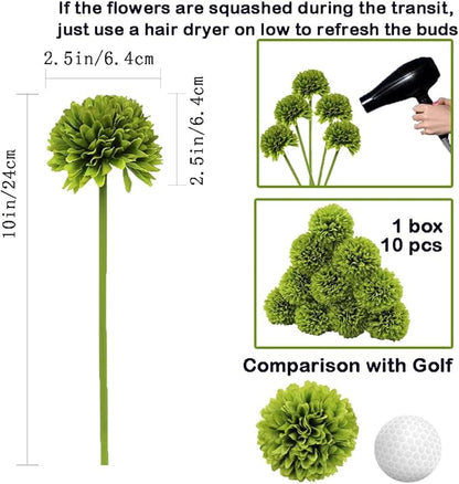 10Pcs Artificial Fake Flower Plants Silk Chrysanthemum Ball Hydrangea Arrangements Wedding Bouquets Decor Home Kitchen Garden Party Table Floral centerpieces DIY (Dark Green)