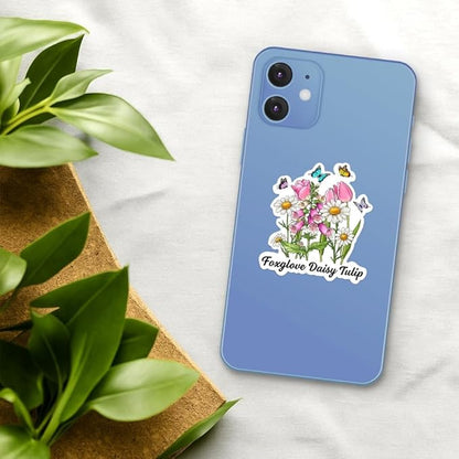 HANDICHI Design 5-Pack 4 Inch Foxglove Daisy Tulip Stickers – Floral Vinyl Decals, FDT Bumper Stickers, Waterproof Aesthetic Flower Sticker Pack for Laptops, Water Bottles, Journals