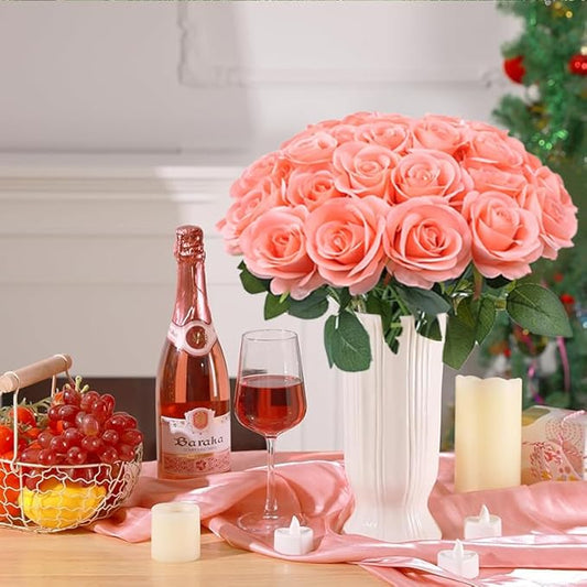 Artificial Rose Flower Artificial Flowers Flower with Long Stem Silk Roses Bouquet for Wedding Bridal Shower Party Home Decoration (Coral Peach, 12 Pcs)