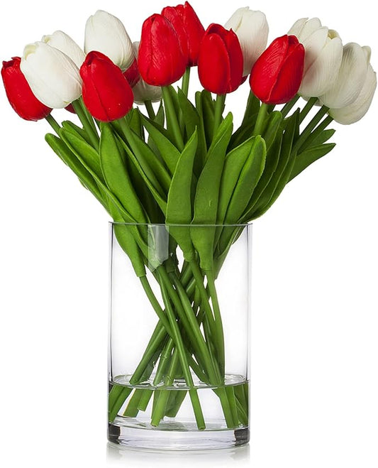 ENOVA FLORAL 20 Heads Real Touch Artificial Tulips Flowers with Vase, Mixed White and Red Tulips Flower Arrangements with Vase for Home Wedding Decor, Dining Table Centerpieces (White Red)