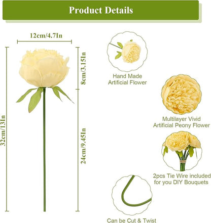 U'Artlines 10 Heads Artificial Peony Silk Flower Leaf Home Office Wedding Party Festival Bar Decor (Yellow)
