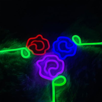 ENUOLI LED Neon Pink Rose Flower with Green Stem Wall Sign for Cool Light, Wall Art, Bedroom Decorations, Home Accessories, Party, and Holiday Decor Valentine's Day Present(Purple Rose)