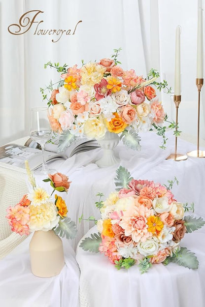 Floweroyal Artificial Flowers Combo Champagne Flowers Mix Silk Flowers Dahlia Roses with Stems for DIY Wedding Bridal Bouquets, Baby Shower, Floral Arrangement, Table Centerpieces, Home Decorations.