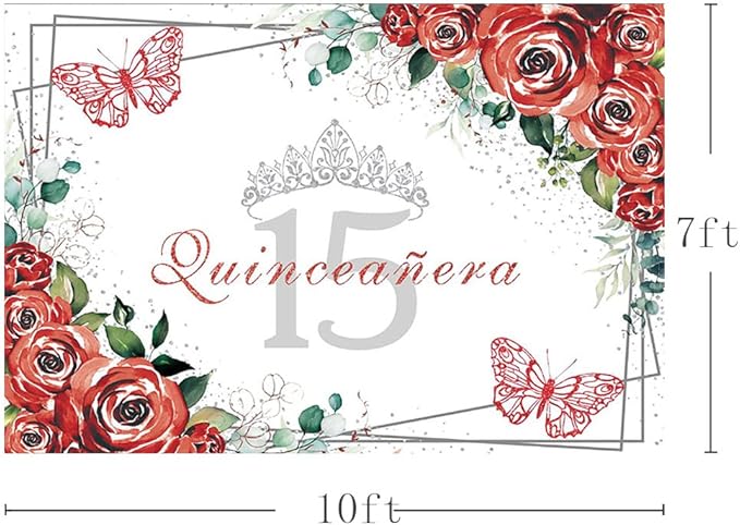 SENDY 10x7ft Quinceañera Backdrop Mis Quince 15 Anos Birthday Party Decoration Supplies for Girl Princess Red Floral Flower Butterfly Silver Crown Photography Background Banner Photo Booth Studio Prop