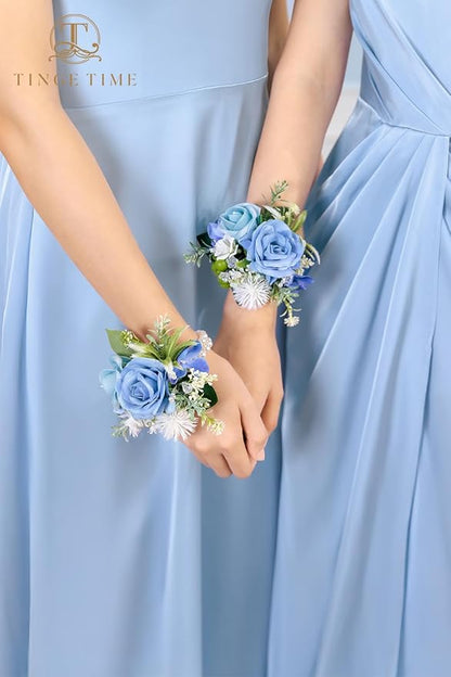 TINGE TIME Set of 2 Wrist Corsage Bracelets Pearl Wristlet Band Bridesmaid Bracelet for Wedding Ceremony Bridal Shower Wedding Artificial Flower Prom (Provence Blue)