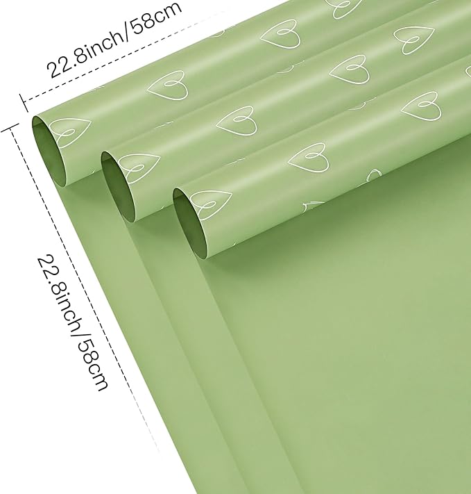 LeZakaa 20 Sheets Valentine Flower Wrapping Paper, Sage Green with White Heart Pattern Waterproof Floral Bouquet Paper, for Valentines, Mothers Day, Party, Romantic Birthday, Wedding, Anniversary