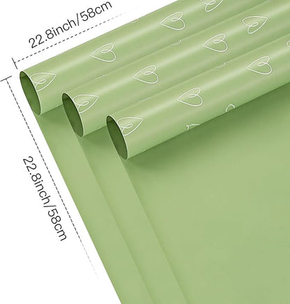 LeZakaa 20 Sheets Valentine Flower Wrapping Paper, Sage Green with White Heart Pattern Waterproof Floral Bouquet Paper, for Valentines, Mothers Day, Party, Romantic Birthday, Wedding, Anniversary