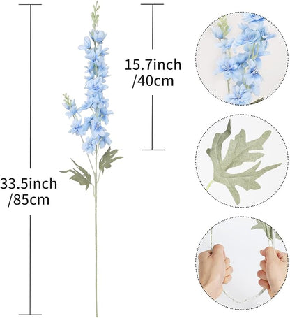 8PCS Blue Delphinium Artificial Flowers Larkspur Fake Flowers 33.5in Long Stem Faux Silk Flowers Bulk for Tall Vase for Home Wedding Floral Arrangement Centerpiece Table Decorations (Baby Blue)