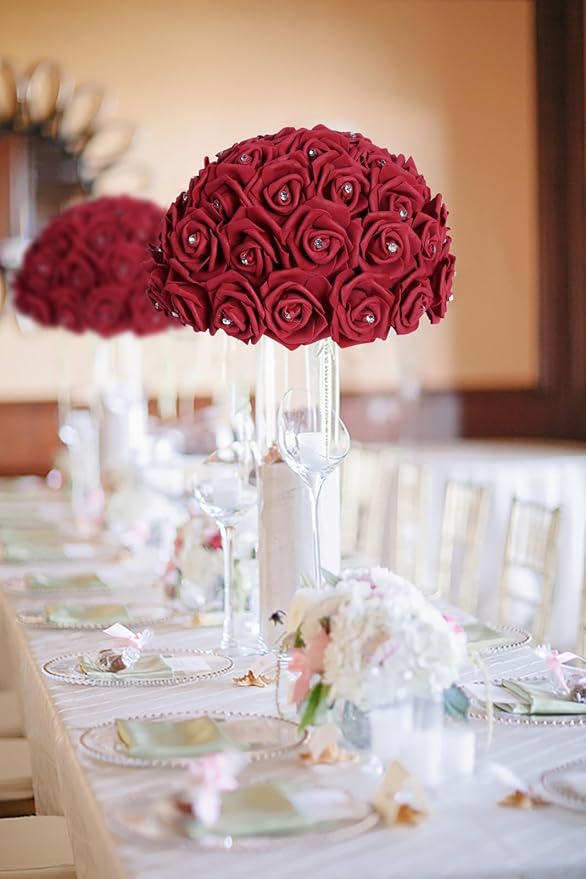 IPOPU 100PCS Burgundy Rose Artificial Flower Heads, 3in Real Looking Stemless Foam Roses Fake Flowers Bulk with Crystal for DIY Craft Wedding Bouquets Arrangements Party Home Decorations(Burgundy)
