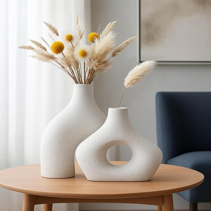 White Ceramic Vase Set of 2, Boho Vase for Home Decor, Minimalist Decor for Pampas Grass, Modern Nordic Centerpieces for Living Room, Bookshelf, Console Table, and Spring Decor