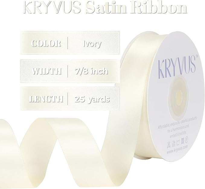 Ivory Polyester Satin Ribbon, Double Faced 7/8 Inch X 25 Yards, Premium Satin Ribbon for Gift Wrapping, Crafts, Wedding Party Decor