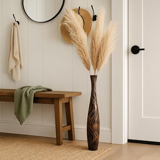 Leewadee Large Brown Light Brown Home Decor Floor Vase – Wooden 34 inches Tall Farmhouse Decor Flower Holder for Fake Plant and Pampas Grass
