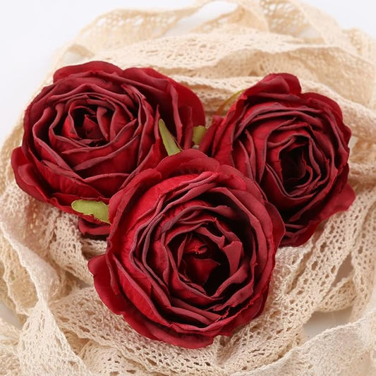 IPOPU Red Roses Artificial Flowers 25pcs Dark Red Silk Bulk Flower Heads Vingtage Dried Fake Flowers Artificial for Decoration Bridal Bouquets for Wedding Centerpiece Flower Wall Decor (Dark Red)