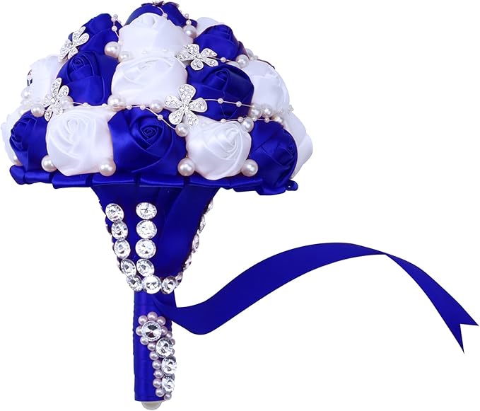Handmade Wedding Flowers Bridal Bouquets Crystal Bride Holding Bouquet White Ivory Satin Roses with Diamond Pearl Ribbon.(bluewhite)