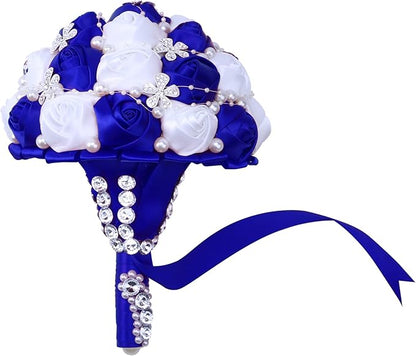 Handmade Wedding Flowers Bridal Bouquets Crystal Bride Holding Bouquet White Ivory Satin Roses with Diamond Pearl Ribbon.(bluewhite)