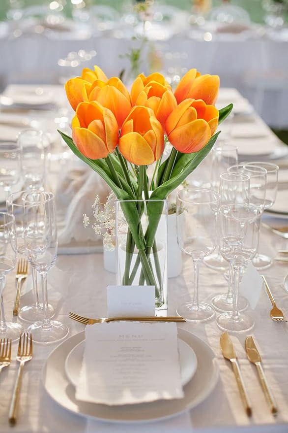Briful Fake Flowers Artificial Tulip Flower Orange in Clear Vase, Real Touch Foam Tulip Arrangement Suitable for Home Office Decoration, Dining Table Centerpiece