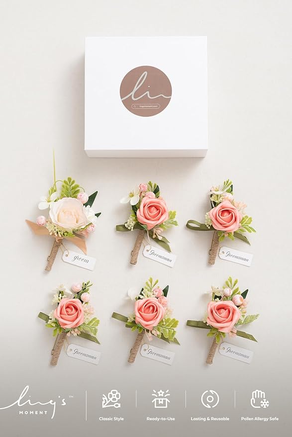 Ling's moment Boutonniere for Men, 6pcs Groom Groomsmen Boutonniere, Artificial Flowers for Wedding Decor/Prom/Homecoming, etc.Blush Pink Coral