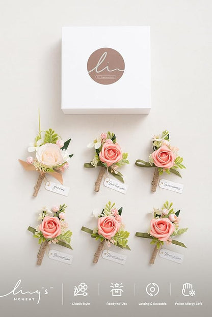 Ling's moment Boutonniere for Men, 6pcs Groom Groomsmen Boutonniere, Artificial Flowers for Wedding Decor/Prom/Homecoming, etc.Blush Pink Coral