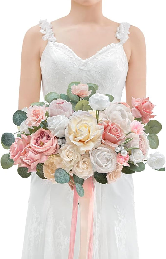 TINGE TIME 11 Inch Wedding Bouquets for Bride，Champange&Pink Artificial Flowers Bouquet， Brides & Bridesmaids Bouquet Tossing Bouquet for Wedding Anniversary Ceremony Bridal Shower Decorations