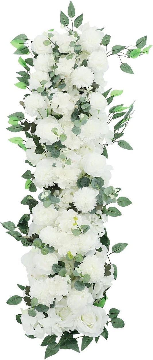 Eapmic Artificial Flower Row, 39.37in Peony Hydrangea Floral Arrangement, Faux Flower Panel Table Centerpiece for Wedding Arch Wall Backdrop Ceremony Reception Home Party Decoration (White)