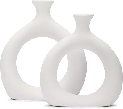 Ajuny Donut Vase Set of 2 – White Ceramic Modern Vases for Flowers, Pampas Grass, Centerpieces | Boho Table Decor for Living Room, Wedding, Kitchen, TV Stand, Office, Shelf, Mantle