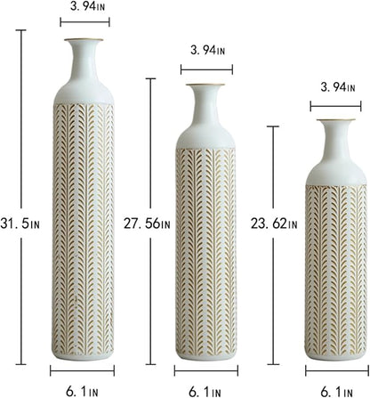 Metal Floor Vases Decorative, Set of 3 Flower Arrangement Stand, Tall Gold＆White Metal Floor Vases for Living Room, Bedroom & Entryway, 33.4", 28.74", 24.1" H (White＆Gold)